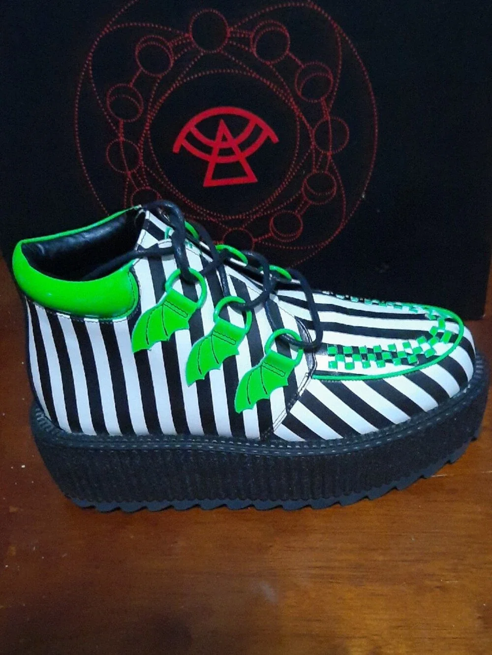 Womens Platform Creeper Shoes in Black White Stripe with Neon Green Trim
